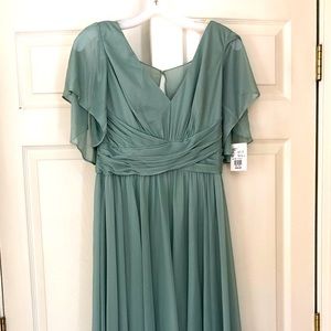 David’s Bridal, crisscross mesh flutter sleeve, dusty sage, size 14
